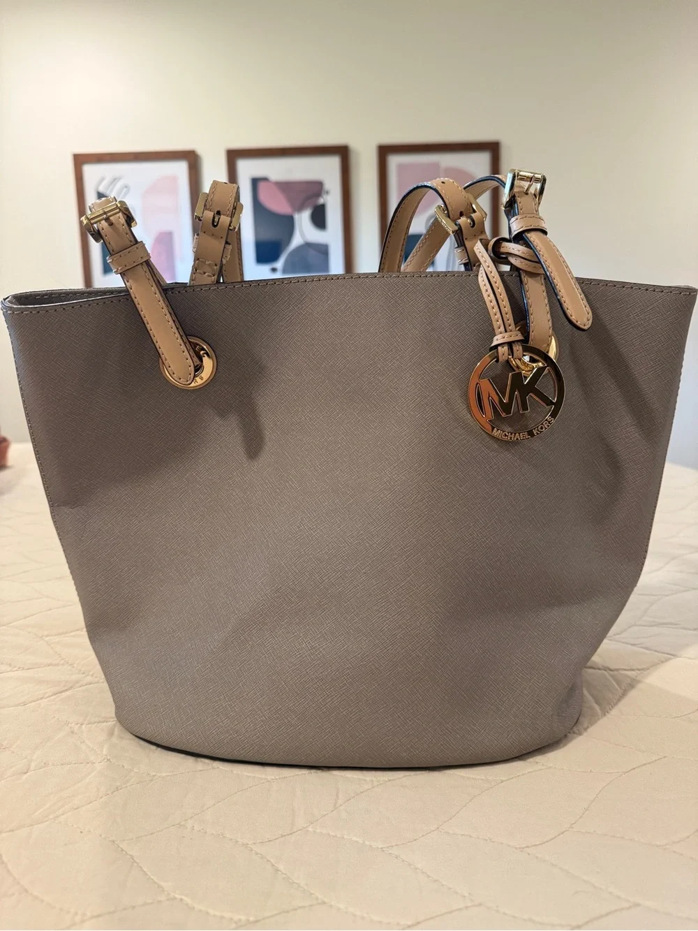 Michael Kors Grey Tote with Tan Handles and Gold MK Charm